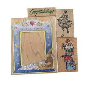 Wood Mounted Rubber Stamps Set Bunny Frame Chicken Gifts Congratulations Ostrich